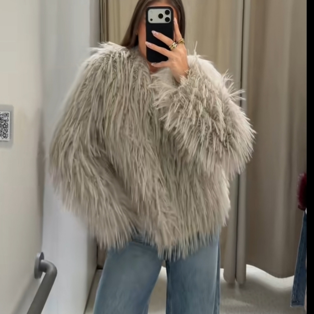 ZARA FAUX FUR GREY COAT SIZE S - Picture 4 of 16